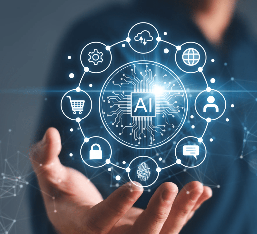 image of a hand holding a hologram saying AI
